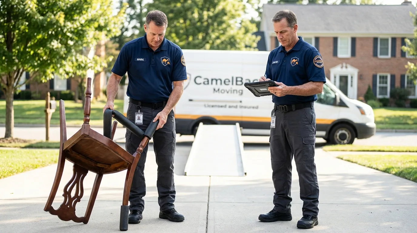 Movers inspecting furniture for damage prevention before loading in Milesburg, PA