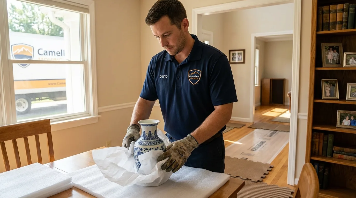 Professional crew carefully wrapping antique vase for senior downsizing move in Milesburg, PA
